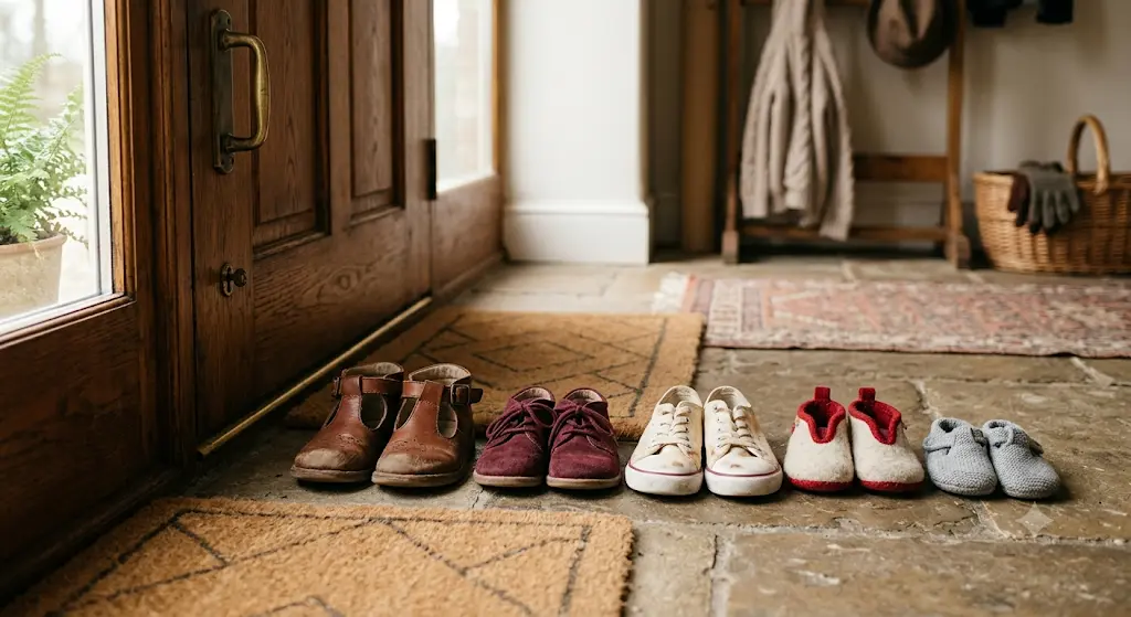 Children's shoes lined up by a warm wooden front door — protecting what matters most